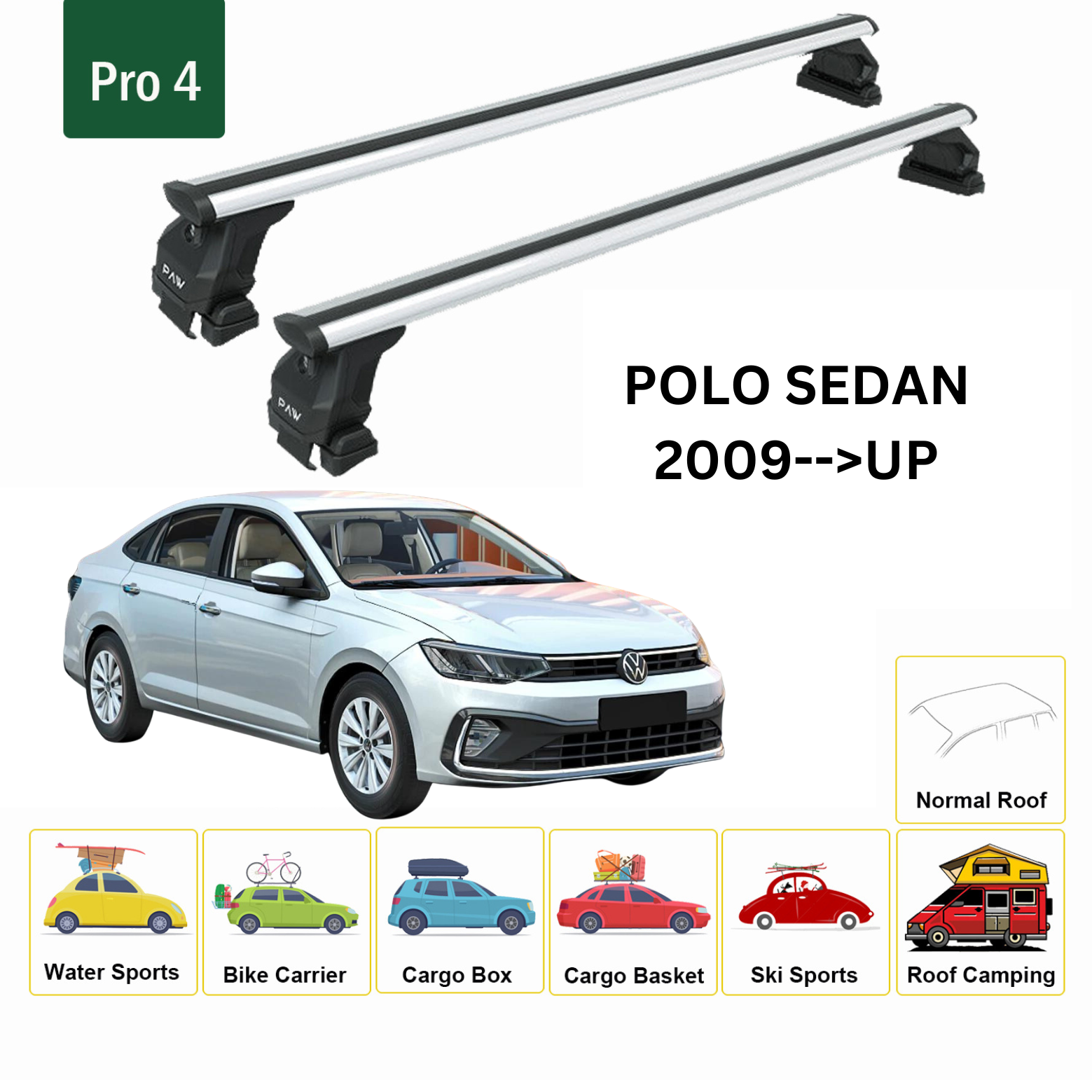 For Volkswagen Polo Sedan 2009-Up Roof Rack Cross Bar Metal Bracket Normal Roof Alu Silver For Volkswagen Polo Sedan 2009-Up Roof Rack Cross Bar Metal Bracket Normal Roof Alu Silver